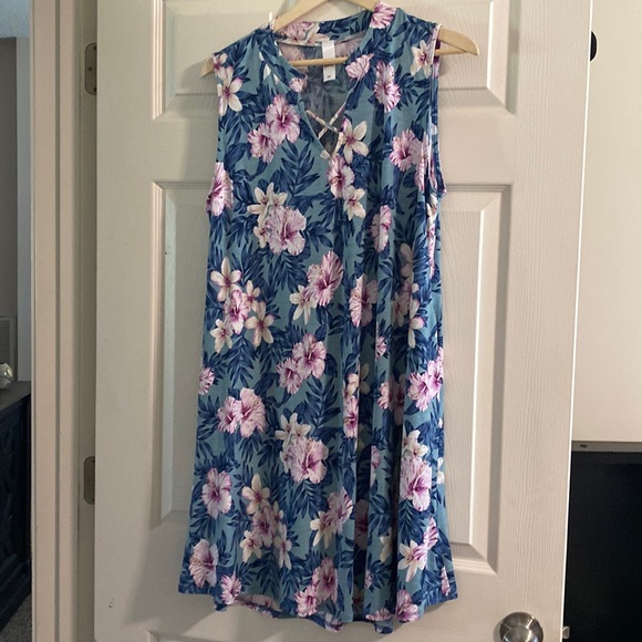 Sleeveless tropical print dress with pockets! - Picture 1 of 8
